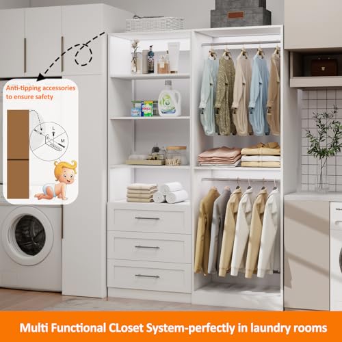 Closet System with 3 Drawers, 4FT Wood Closet Organizer System with 4 Hanging Rods&Adjustable Shevles, 81"Tall Modular Walk In Closet System, Standalone Closet System System, 2 Set,White
