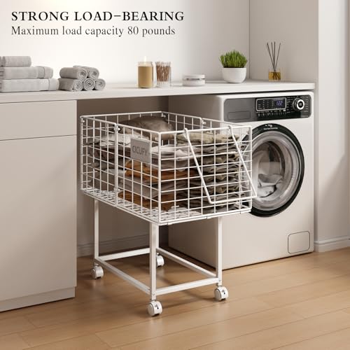 CICUFY Rolling Laundry Cart, 80L Wire Laundry Hamper Basket on Wheels, Dirty Clothes Basket with Handle, Metal Clothes Hamper Organizer for Laundry Room, Bathroom, Bedroom, Dorm, White - color: White