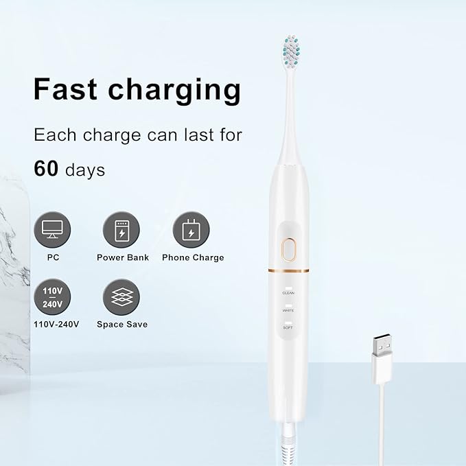 kingheroes Electric Toothbrush Set, Comes with 8 Brush Heads & Travel Case,4 Modes with 2 Minutes Built in Smart Timer, One Charge for 60 Days, 42000 VPM Motor (White)