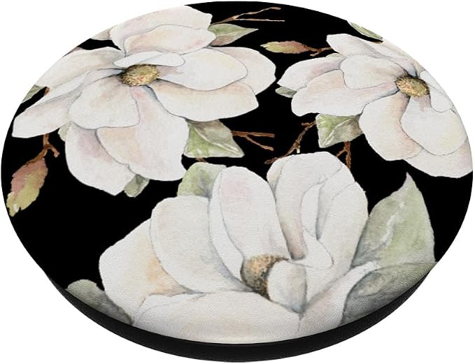 White Magnolias Floral Pattern on a Black Background PopSockets Adhesive PopGrip