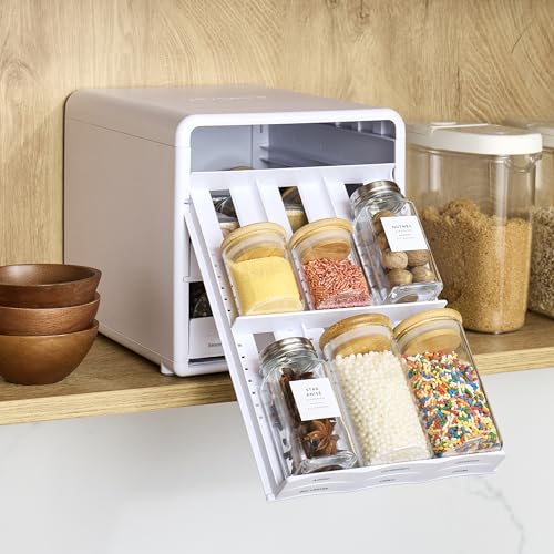 YouCopia SpiceStack,18-Bottle Adjustable Spice Rack Organizer, Pull-Out Seasoning Holder for Kitchen Cabinet and Pantry Storage with 104 Labels and Adjustable Dividers, Speckled White - style: 18-Bottle