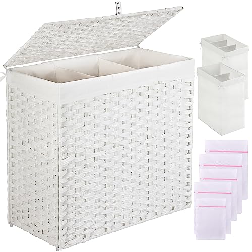 Greenstell Laundry Hamper with Lid, 125L Large Clothes Hamper with 3 Section & 2 Section Removable Liner Bags & 5 Mesh Laundry Bags, Handwoven Synthetic Rattan Divided Laundry Basket, White - color: White