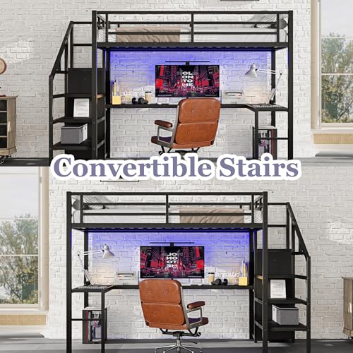 Bellemave Queen Loft Bed with Desk & Wardrobe, Heavy Duty Metal Loft Beds Frame with Storage Stairs, LED Loft Bed Queen Size with Charging Station & Safety Guardrails, No Box Spring Needed, Black - color: Black, size: Queen