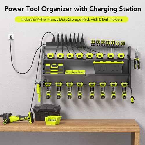 Power Tool Organizer Wall Mount with Charging Station, 8 Drill Holder with 8-Outlet Power Strip, Garage Cordless Drill Storage and Organization, Battery Utility Rack