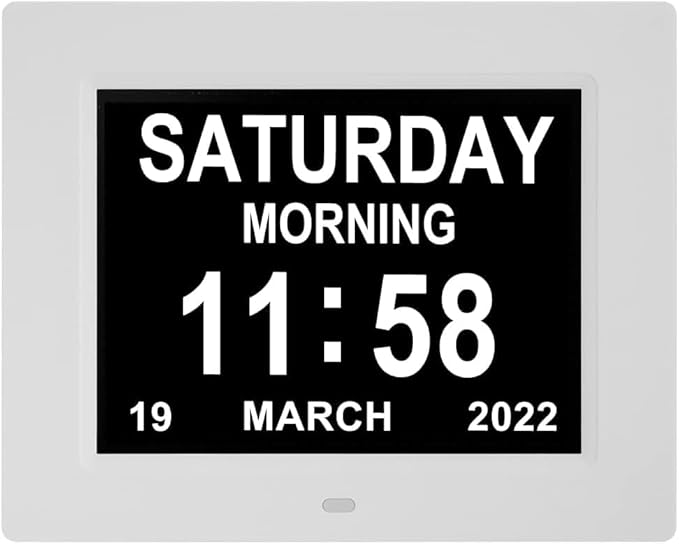 LaMi Products 8 Inch Dementia Clock for Seniors - Extra Large Display Digital Day & Date Clock with 5 Alarms + 3 Medication Reminders, Auto-Dimmable - White Wall Clock for Elderly Bedroom