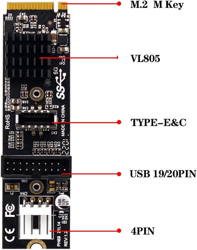 cablecc 5Gbps Type-E USB 3.1 Front Panel Socket &amp USB 2.0 to NVME NGFF M-Key Express Card VL805 Adapter for Motherboard
