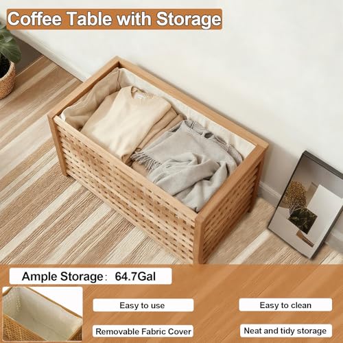 Solid Wood Storage Bench, Large Storage Bin Deck Box with Removab Bag, Wood Coffee Table for Entryway, Living-room, Bedroom, Patio, DIY Bunny House, 39x20x20in
