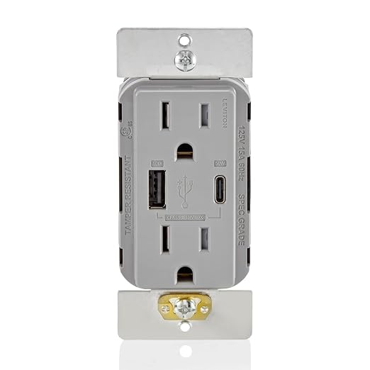 Leviton 30W (6A) USB Dual Type-C/C Power Delivery In-Wall Charger with 15A Tamper-Resistant Outlet USB Charger for Smartphones Tablets Laptops T5635-E Black