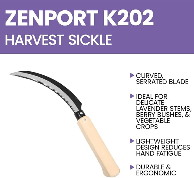 Zenport K202 Lavender Harvest Sickle/Berry Knife, Notched Wooden Handle, 6.5-Inch Curved Serrated Blade