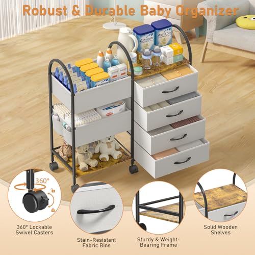 Baby Diaper Caddy Organizer Cart with Wheels, 4-Tier Rolling Diaper Cart with Dividers and Drawers, Multi-Layer Nursery Storage for Diapers & Baby Essentials - color: Grey