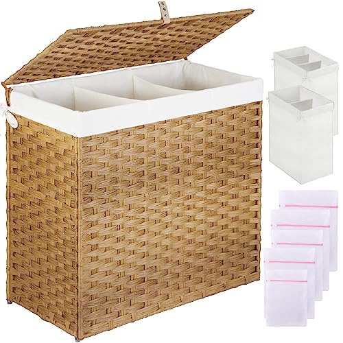 Greenstell Laundry Hamper with Lid, 125L Large Clothes Hamper with 3 Section & 2 Section Removable Liner Bags & 5 Mesh Laundry Bags, Handwoven Synthetic Rattan Divided Laundry Basket, Natural - color: Natural