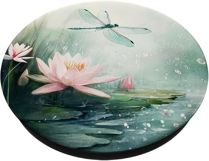 Aesthetic Floral Lotus And Dragonfly Watercolor Art PopSockets PopWallet for MagSafe
