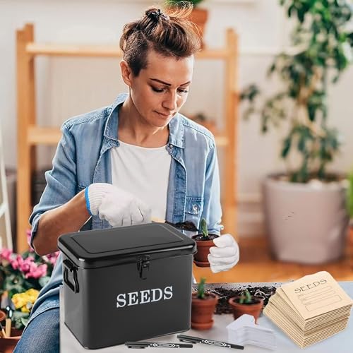 Seed Storage Organizer, T-Shape Compartment Seed Box with Safety Lock, Metal Seed Saving Box, Portable Seed Bin Container with Handle, Including 2 Pens 20 Plant Labels 50 Seed Envelopes-Black - color: Tall-Black