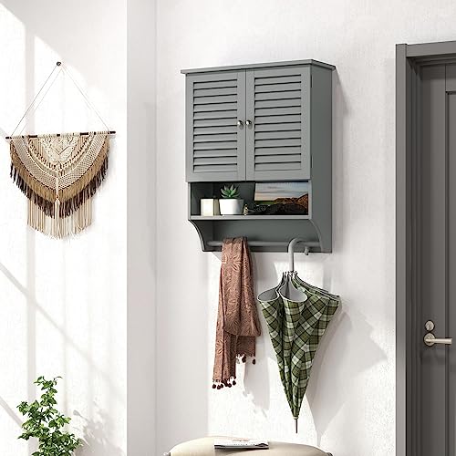 Tangkula Wall Mounted Bathroom Cabinet with Open Shelf & Bar, Medicine Cabinet with Double Louvered Doors, Wall Storage Cabinet with Adjustable Shelf, for Bathroom Living Room Kitchen (Grey) - color: Grey