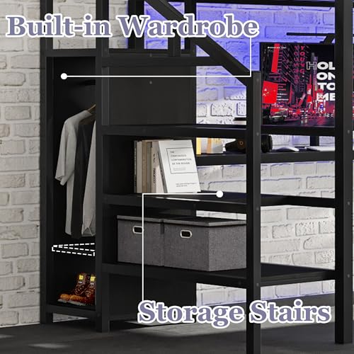 Bellemave Queen Loft Bed with Desk & Wardrobe, Heavy Duty Metal Loft Beds Frame with Storage Stairs, LED Loft Bed Queen Size with Charging Station & Safety Guardrails, No Box Spring Needed, Black - color: Black, size: Queen