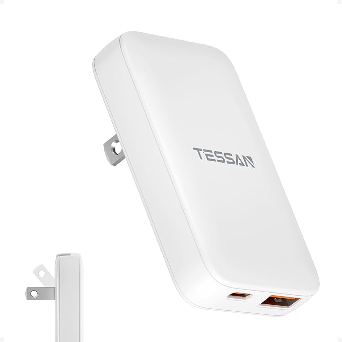 USB C Wall Charger Block PD 65W TESSAN Flat Fast Phone Charger Foldable | 2 USB C GaN Type C Fast Charging Block 0.58'' Ultra Slim Charger for iPhone 17/16/15 Series Samsung Galaxy Models Travel
