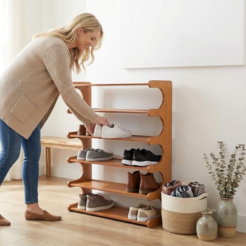 Shoe Rack,6 Tier Shoe Organizer Storage Shelf,Bamboo Narrow Shoe Closet,Small Space Shoe Rack,for Entryway Closet 26.77×7.48×32inch - size: 6 Tier-26.77" Wide