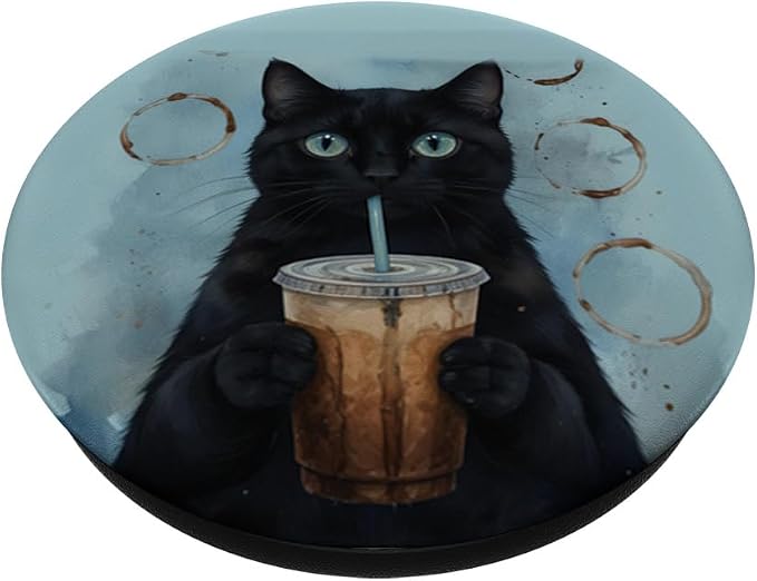 Blue Black Cat Coffee Lover Illustration Print PopSockets PopWallet for MagSafe