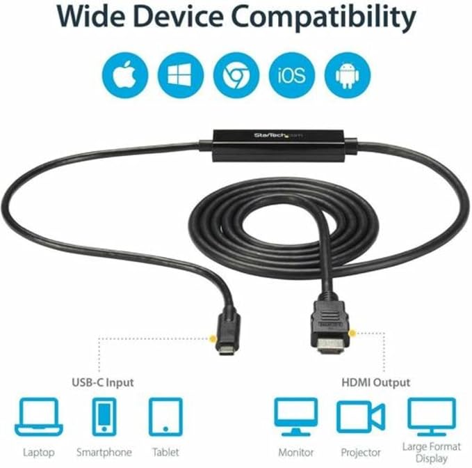 StarTech 6ft USB-C to HDMI Adapter Cable 4K 30Hz Reversible Black 1080p | Video Display Converter Monitor Cord DP Alt Mode USB 3.2 Thunderbolt Compatible Integrated