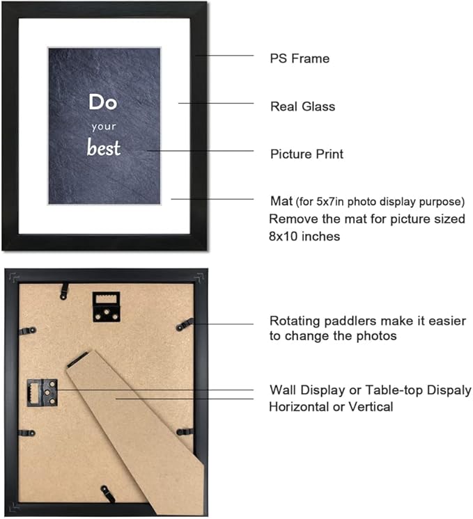 8x10 Picture Frame Set of 3 with Real Glass for Pictures 5x7 with Mat or 8x10 Without Mat, Wall Mounting or Tabletop display Photo Frames in Black