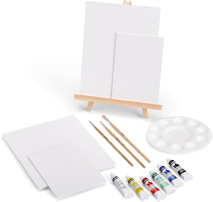 KINGART 15-Piece Artist Painting Set with 6 Vivid Acrylic Paint Colors, 12" Easel, 4 Canvas Panels, 3 Brushes, Painting Palette - School, Students, Adults, Gift Giving