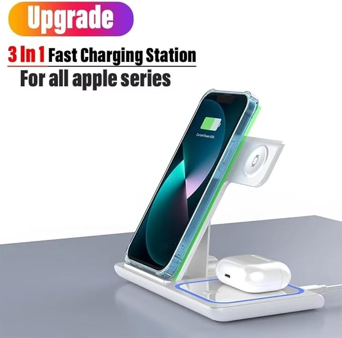 3 in 1 Wireless Travel Charger Stand Foldable Fast Charging Dock for iPhone 17 16 15 14 13 12 Pro Max iWatch S10~2 SE Ultra AirPods 4/3 Pro (White)