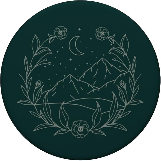 Boho Mountain Moon Night Botanical Floral (Forest Green) PopSockets Adhesive PopGrip