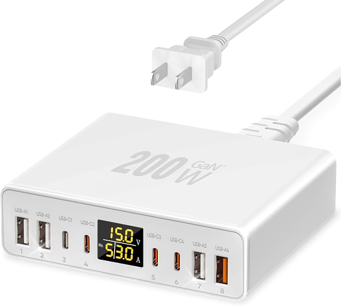 200W USB C Charger 8-Port with LED Display USB Charging Station | GaN Multiport Fast Charger Block PD QC 3.0 PPS USBC Charging Hub Compatible with iPhone Samsung Mac Laptop Pad Matte White