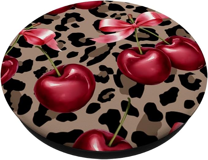 Brown Cheetah Valentine Girls Leopard Print Cherry And Bow PopSockets Adhesive PopGrip