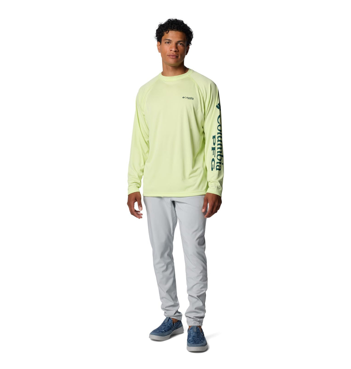 Columbia Men's Terminal Tackle Long Sleeve Shirt, Spring Yellow/Midnight Teal Logo, 5X Tall