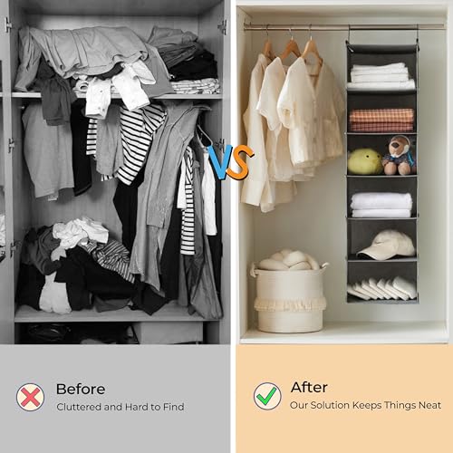 MAX Houser 6 Tier Shelf Hanging Closet Organizer, Closet Hanging Shelf with 2 Sturdy Hooks for Storage, Foldable (Grey) - color: Grey