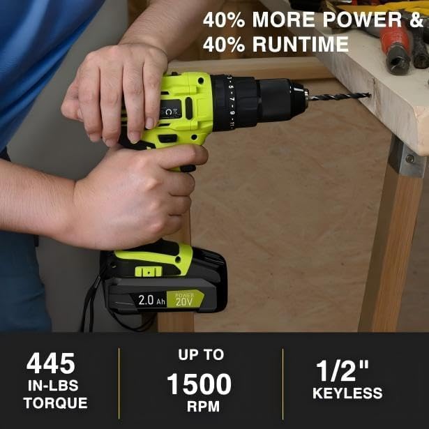 SnapFresh 20V Cordless Impact Drill-1/2" Power Drill/Driver Set,445in-lbs Torque Max,2 Variable Speeds, 43Pcs Bits w/case,2.0Ah Battery & Fast Charger Included, Power Tools
