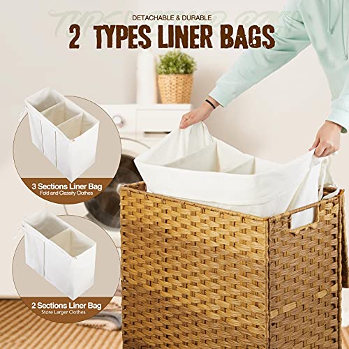 Greenstell Laundry Hamper with Lid, 125L Large Clothes Hamper with 3 Section & 2 Section Removable Liner Bags & 5 Mesh Laundry Bags, Handwoven Synthetic Rattan Divided Laundry Basket, Natural - color: Natural