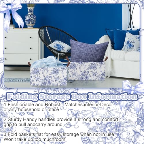 Boao 3 Pcs Blue Floral Storage Bin Wildflowers Collapsible Large Storage Baskets for Gifts Canvas Laundry Basket Foldable Box with Handle for Office Home Bedroom Clothes - style: Blue Flowers