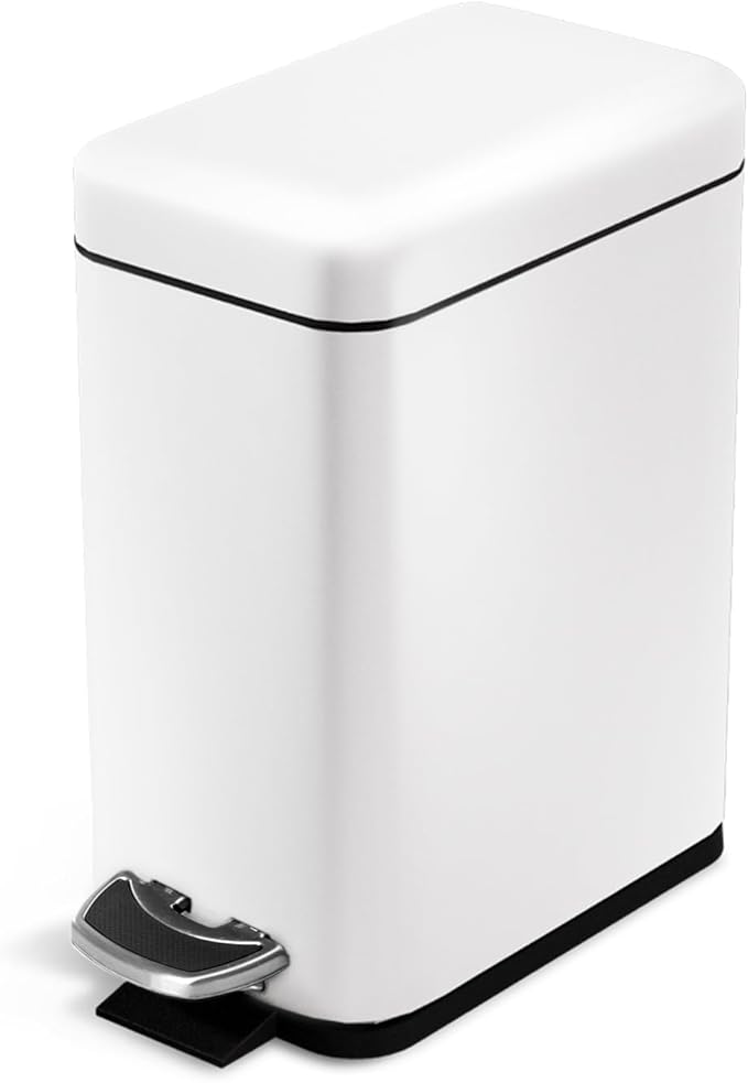 Home Zone Living 1.3 Gallon Small Bathroom Trash Can with Lid and Step Pedal, Stainless Steel Wastebasket with Slim Design for Home and Office, Matte White, 5 Liters
