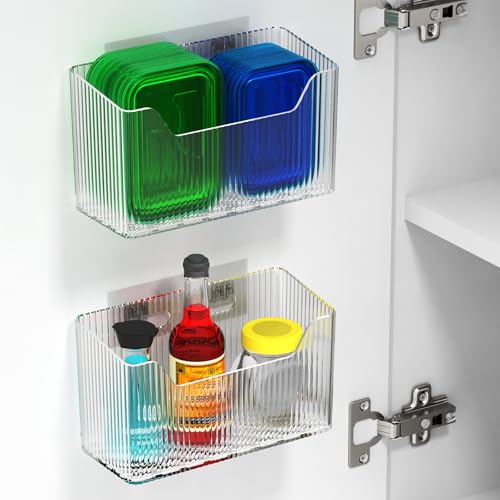 2 Pack Cabinet Door Organizer, Inside Cabinet Door Storage, Shower Caddy Stackable Clear Plastic Makeup Organizer Adhesive Hanging Bin for Kitchen Cabinets, Bathroom, Pantry, Office