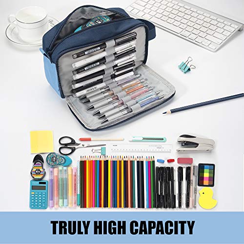 Sooez High Capacity Pencil Case, Big Pencil Bag Pouch Box Organizer Pen Case, Portable Journaling Supplies with Easy Grip Handle & Loop, Asthetic Supply for Girls Adults, Blue - color: Blue