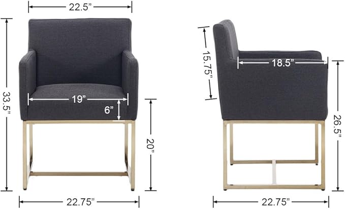 Upholstered Dining Chairs with Armrest Set of 2 Mid Century Modern Accent Chairs Armchairs with Gold Metal Frame, Modern Kitchen & Dining Room Chairs, Charcoal