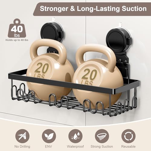 JOTPE Shower Caddy Suction Cup 2 Pack, No Drilling Shower Organizer for Bathroom with Large Capacity, Storage Suction Powerful Max Hold 40 lbs, Waterproof & Removable Bathroom Shelf, Black - size: Extra large