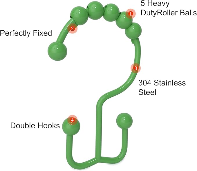 Shower Curtain Hooks, Goowin Shower Curtain Rings, Stainless Steel Shower Curtain Hooks Rust Proof Free Sliding Double Shower Hooks for Curtain, Shower Curtains & Liners (Green)