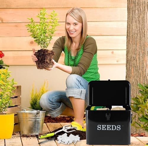 Seed Storage Organizer, T-Shape Compartment Seed Box with Safety Lock, Metal Seed Saving Box, Portable Seed Bin Container with Handle, Including 2 Pens 20 Plant Labels 50 Seed Envelopes-Black - color: Tall-Black