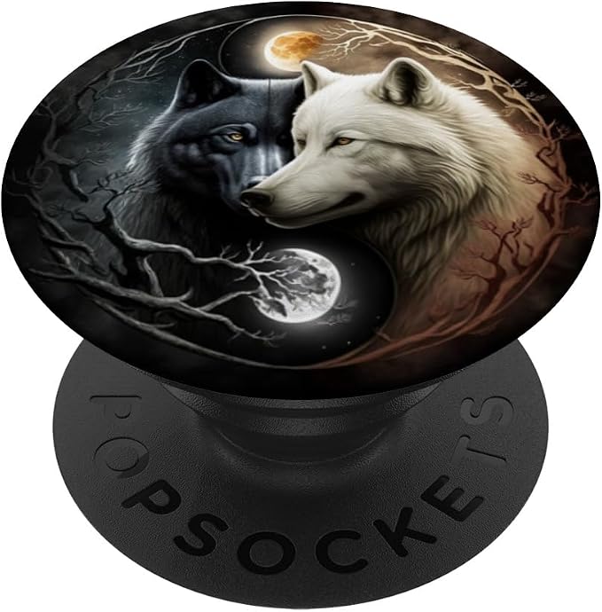 Cool Yin and Yang White and Black Wolf Wolves Lover Gift PopSockets Adhesive PopGrip