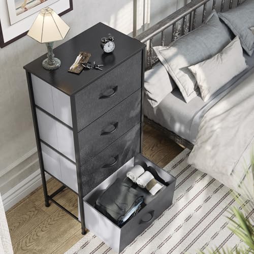 YITAHOME Storage Tower with 4 Drawers - Fabric Dresser, Organizer Unit for Bedroom, Living Room, Closets - Sturdy Steel Frame, Easy Pull Fabric Bins & Wooden Top - color: Cool Black Grey Ash, style: 4-Drawer