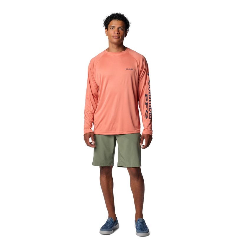 Columbia Men's Terminal Tackle Long Sleeve Shirt, Faded Peach/Collegiate Navy Logo, Large