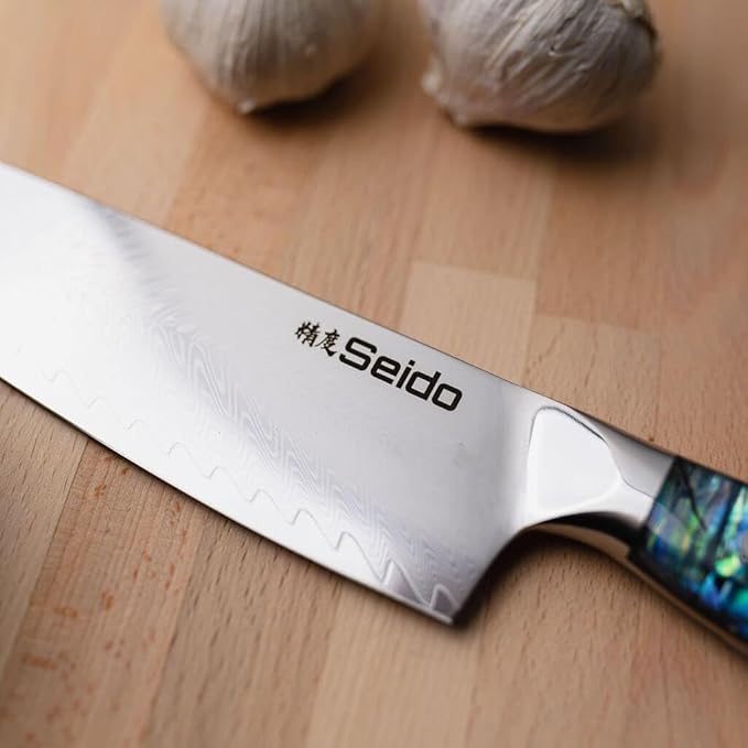 Seido Knives Awabi 8 Inch VG10 Damascus Gyuto Knife, Abalone Handle