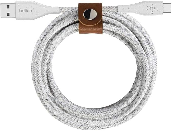 Belkin DuraTek Plus USB C to USB Cable - USB-A Cable W/Leather Strap - Ultra-Strong Charging Cable W/Flexible Insulation - Compatible W/iPads Samsung Galaxy Google Pixel &amp More - 4ft (White)