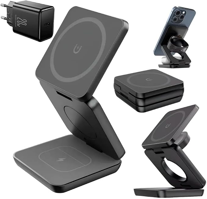 LUNOX 3-in-1 Wireless Charger for iPhone - Apple Watch &amp AirPods - Foldable Magnetic Fast Charging Dock - Black - White
