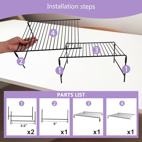 Refrigerator Organizer Freezer Organizer, Expandable Adjustable Kitchen Cabinet Rack for Pantry, Cupboard, Countertop - Space Saving Shelf (Black)