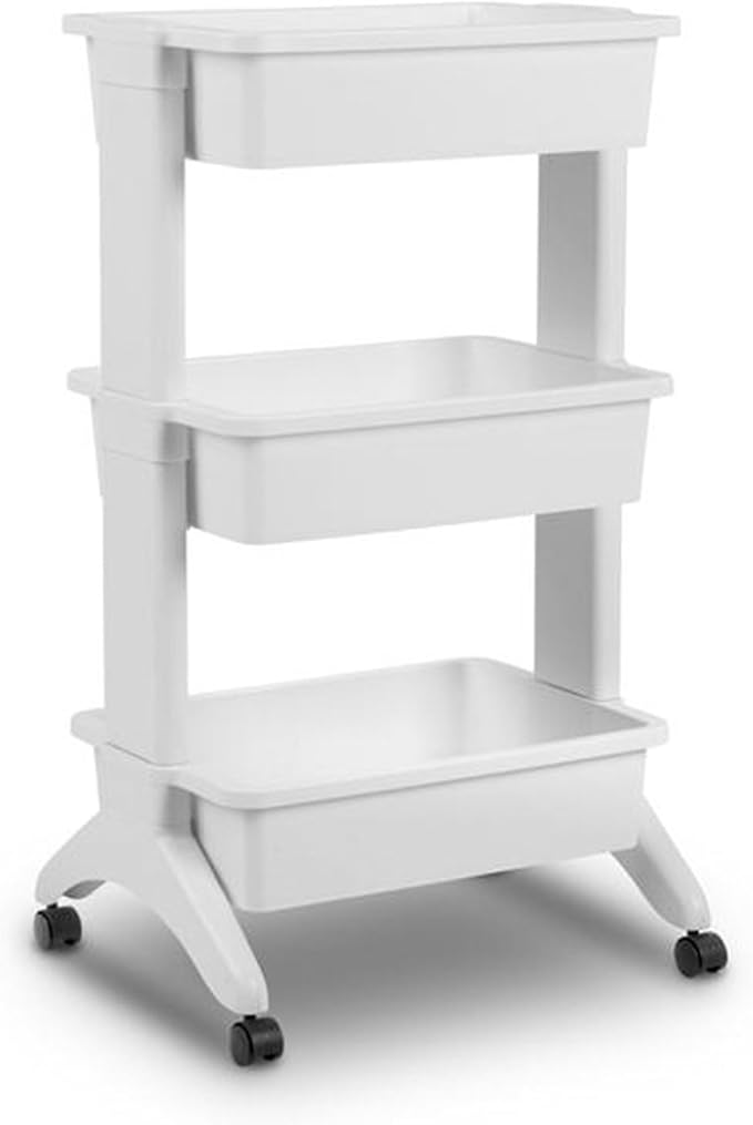 Sterilite 3 Tier Utility Cart Portable Storage Open Bin Organizer with 360 Degree Smooth Rolling Caster Wheels, Supports 10 lb Per Tier, White, 3-Pack
