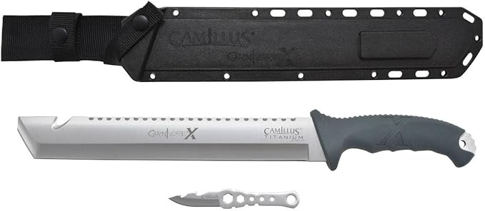 Camillus Carnivore X 18" Machete – Titanium Bonded 12” Blade & Saw Back, Full Tang, Gray Handle, Trimming Knife & Nylon Sheath for Camping & Brush Clearing